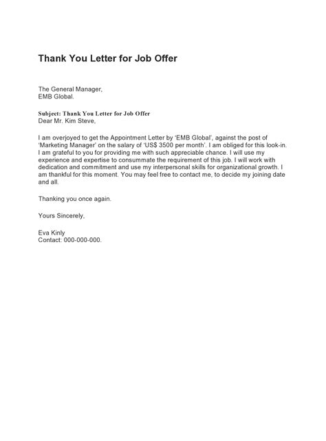 Thank You Letter For Job Offer Download Free Samples Templates