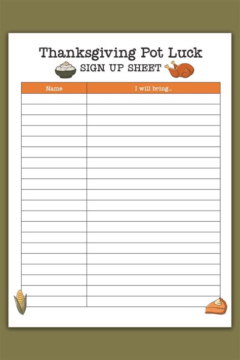 Thanksgiving Potluck Sign Up Sheet Thanksgiving Potluck