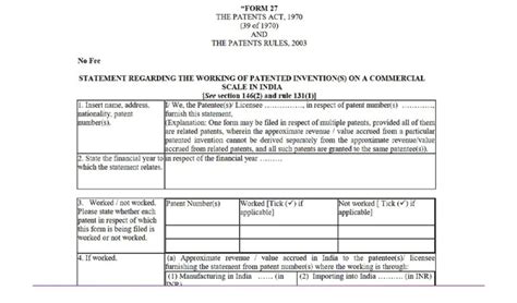 The Statement Of Working Of Patents In India Form 27 A Complete