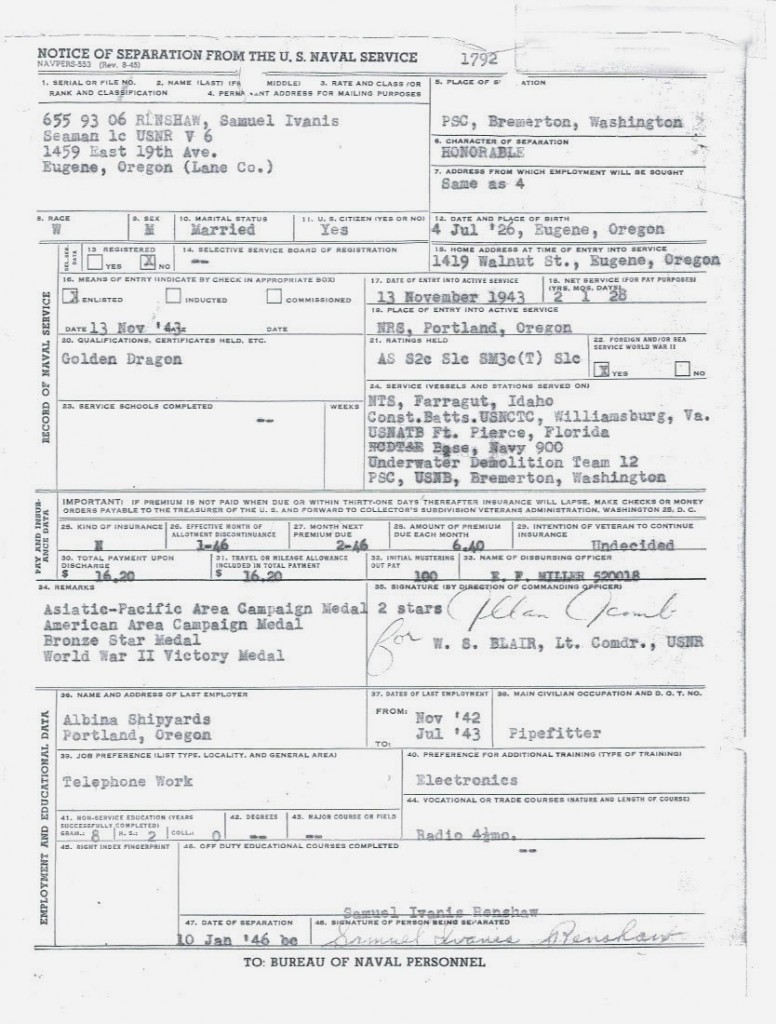 The Wwii Navy Report Of Separation My Military Service Records