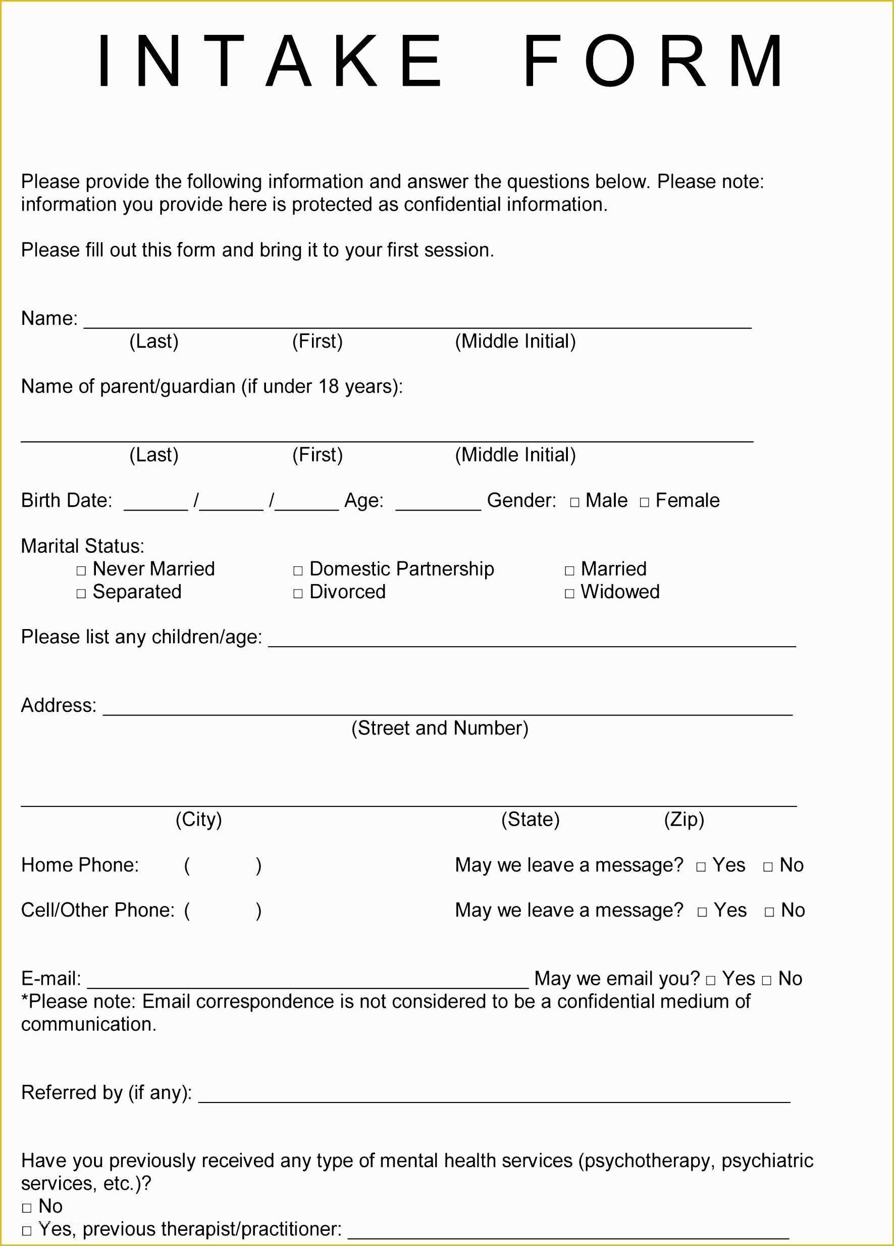 Therapy Intake Form Template Free