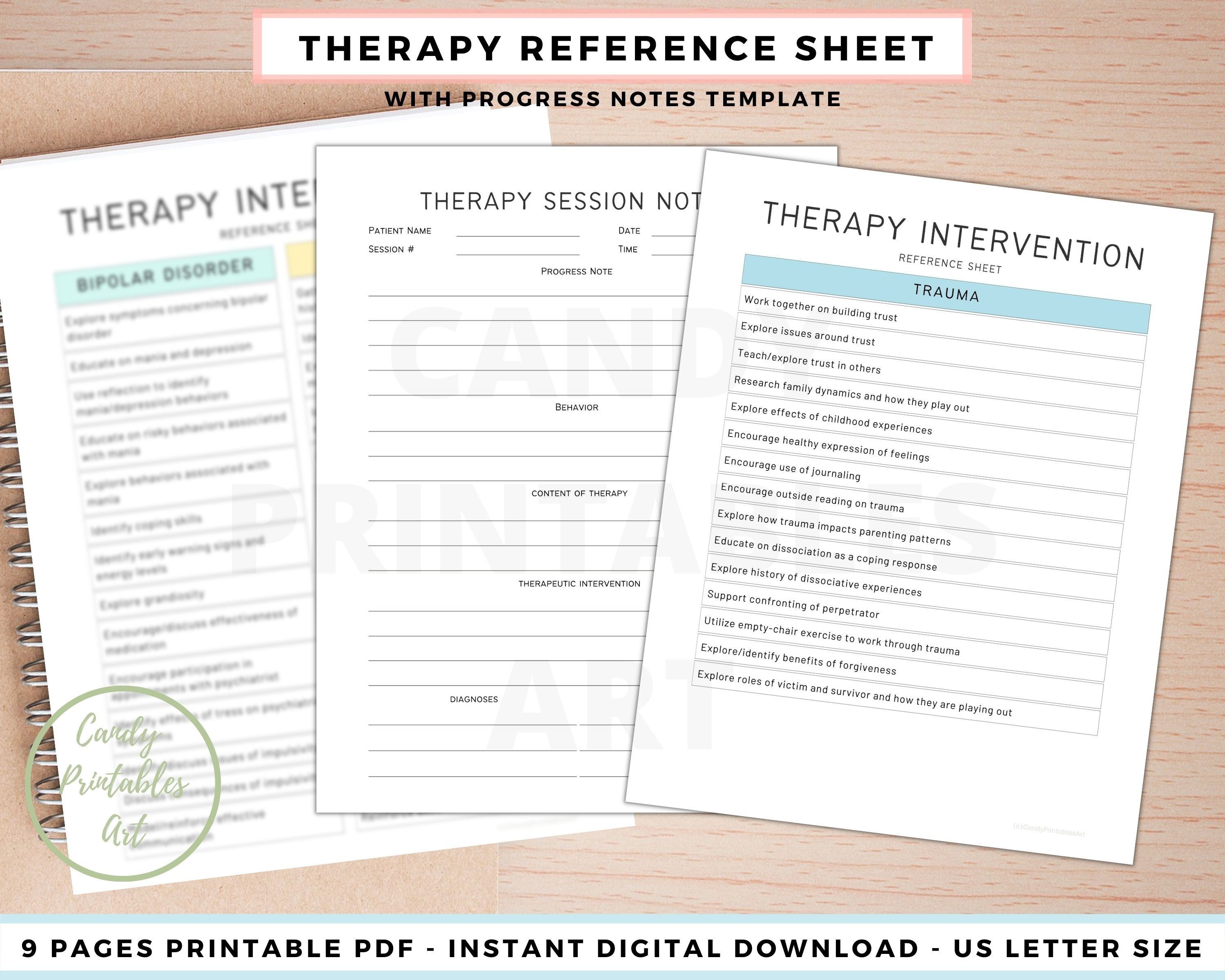 Therapy Intervention Reference Sheet Therapist Paperwork Tool