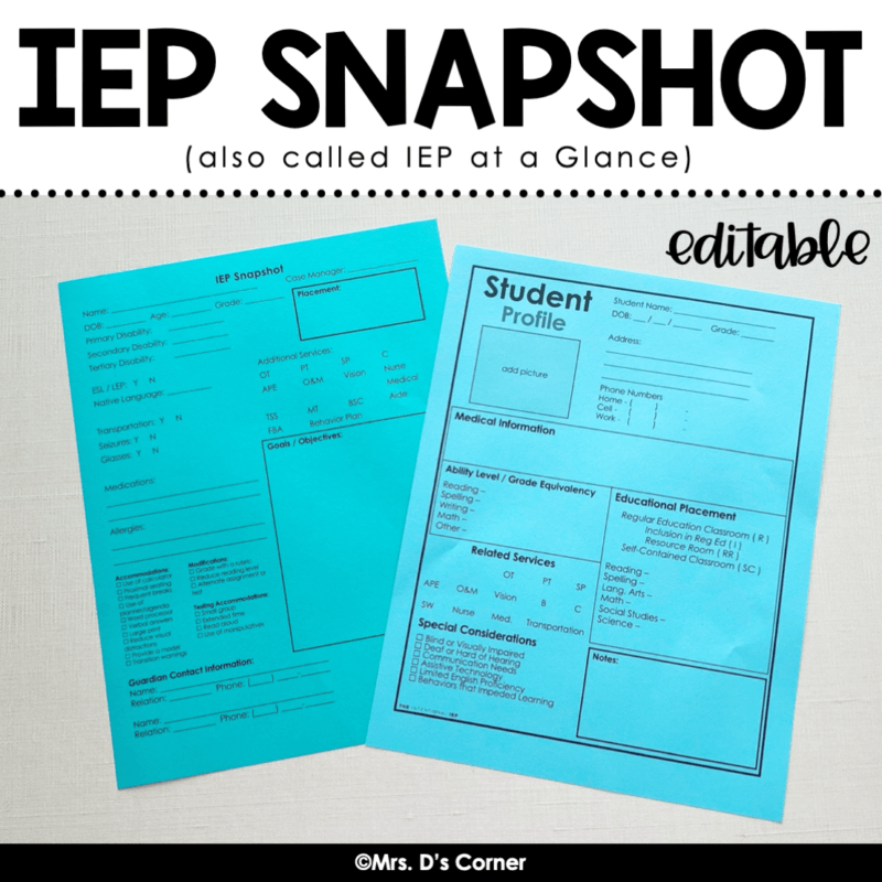 This Iep Snapshot Or Iep At A Glance Is A Great Way To Give General