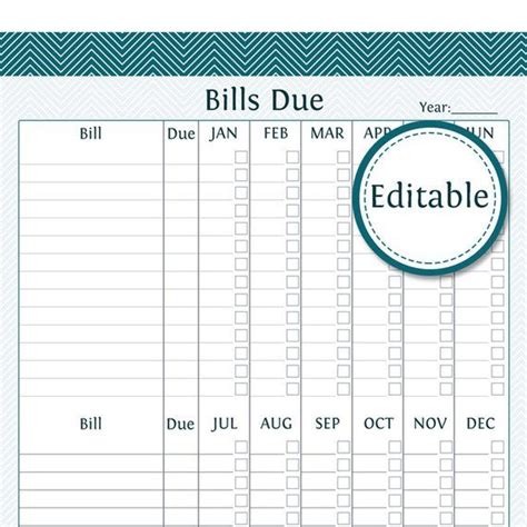 This Listing Is For A Bills Due Printable In Pdf Format Use The Bills