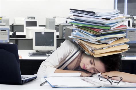 Tired Female Worker With Paperwork On Desk Stock Photo Image Of Fatigue Businesswoman 77463160