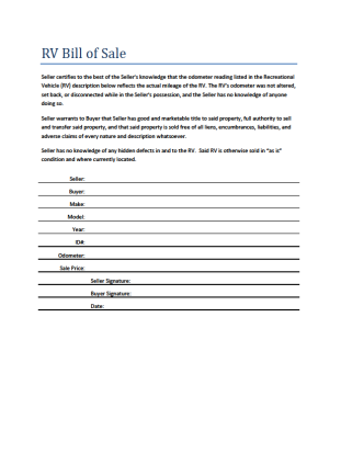 To Record The New Owner Of An Rv An Rv Bill Of Sale Is Exchanged