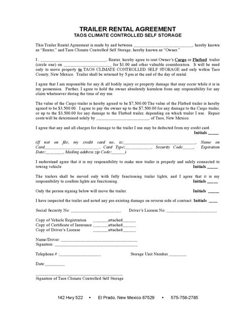 Trailer Rental Agreement Template