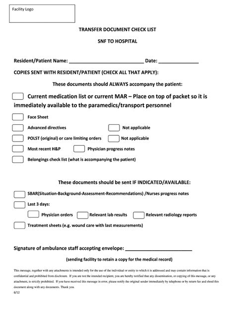 Transfer Document Check List Snf To Hospital 2012 Fill And Sign