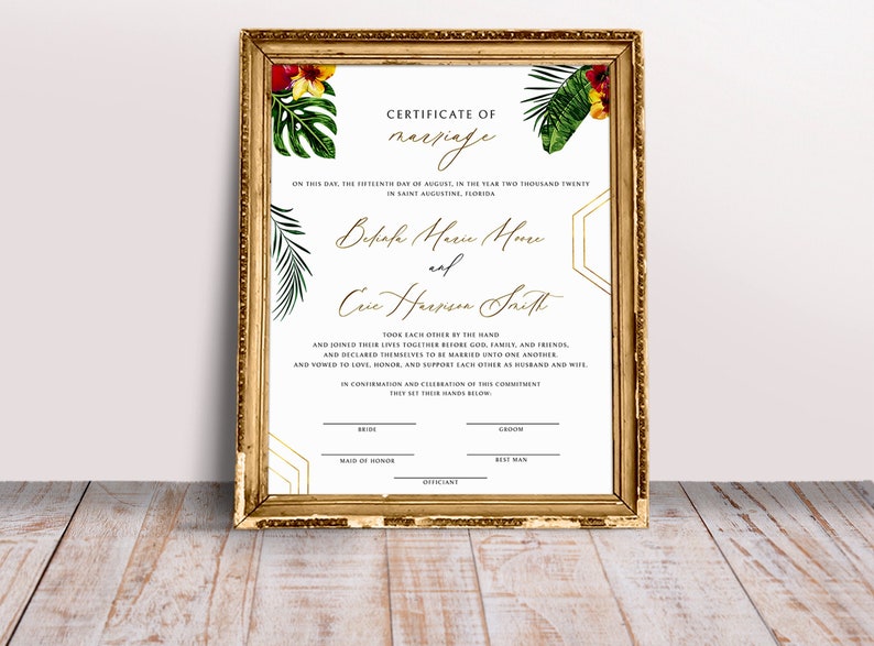 Tropical Marriage Certificate Template Hawaiian Wedding Etsy