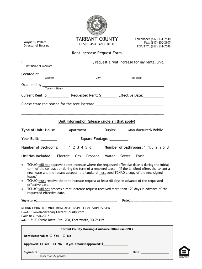 Tx Rent Increase Request Form Tarrant County Fill And Sign