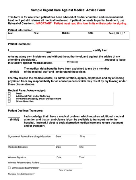 Ucaoa Sample Urgent Care Against Medical Advice Form Fill And Sign