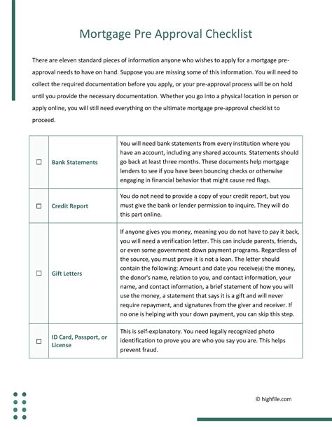 Ultimate Mortgage Pre Approval Checklist Word Pdf Docs