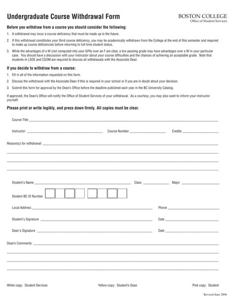 Undergraduate Course Withdrawal Form Boston College