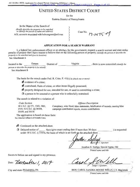 United States District Court Application For A Search Warrant Search