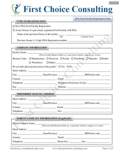 Us Fda Food Facility Registration Form First Choice Consulting Servic