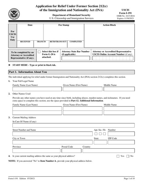 Uscis Form I 191 Download Fillable Pdf Or Fill Online Application For