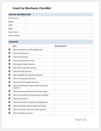 Used Car Mechanic Inspection Checklist Word Excel Templates