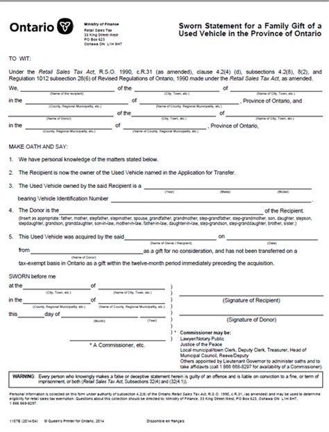 Used Car Transfer Form As Family Gift Form 1157E Neighbourhood Notary