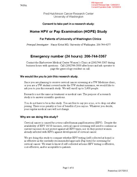 Uw Home Hpv Or Pap Exam Study Informed Consent Form