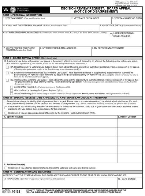 Va Form 10182 Decision Review Request Board Appeal Notice Of Disagreement Va Forms