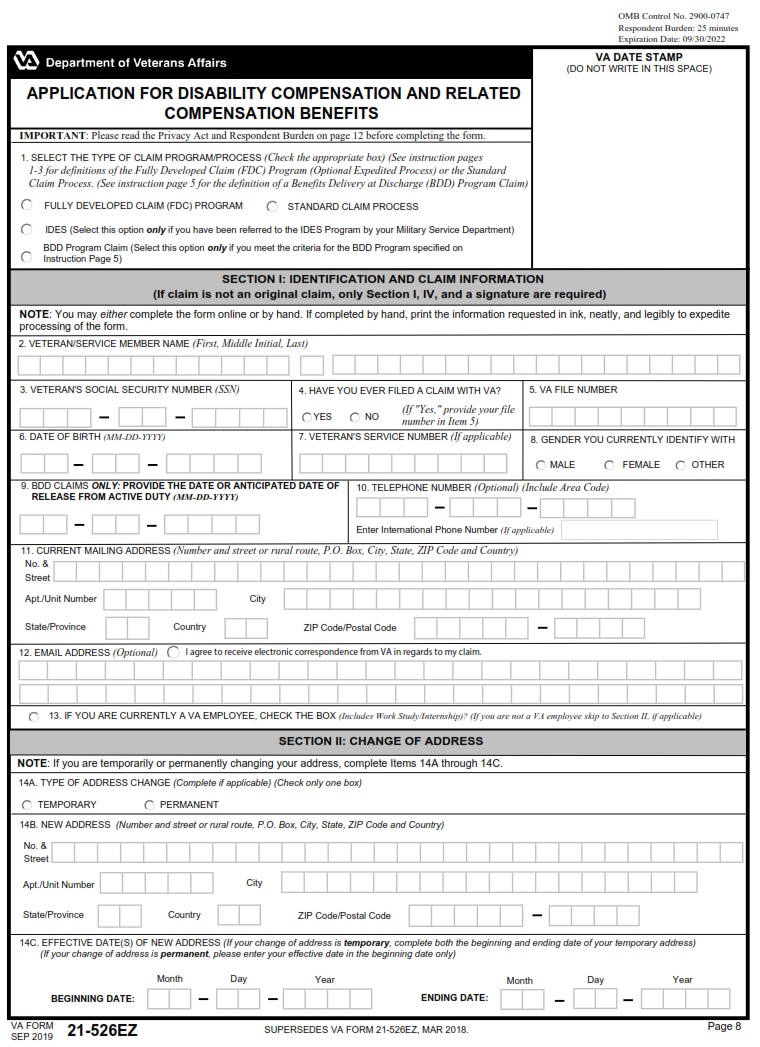 Va Form 21 526Ez Application For Disability Compensation And Related Compensation Benefits