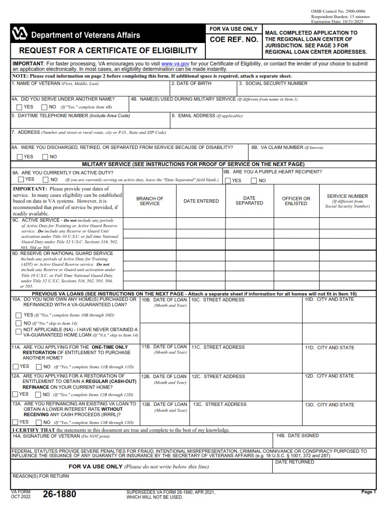 Va Form 26 1880 Request For A Certificate Of Eligibility For Va Home Loan Benefits Form