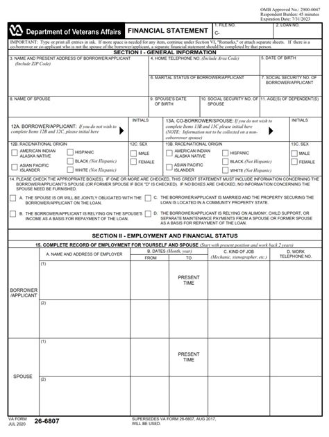 Va Form 26 6807 Financial Statement Va Forms