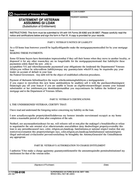 Va Form 26 8106 Statement Of Veteran Assuming Gi Loan Department Of