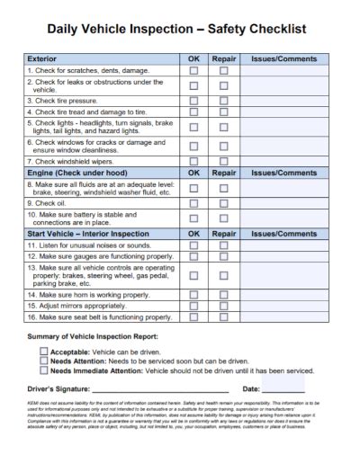 Vehicle Inspection Checklist 2020 2022 Fill And Sign Printable