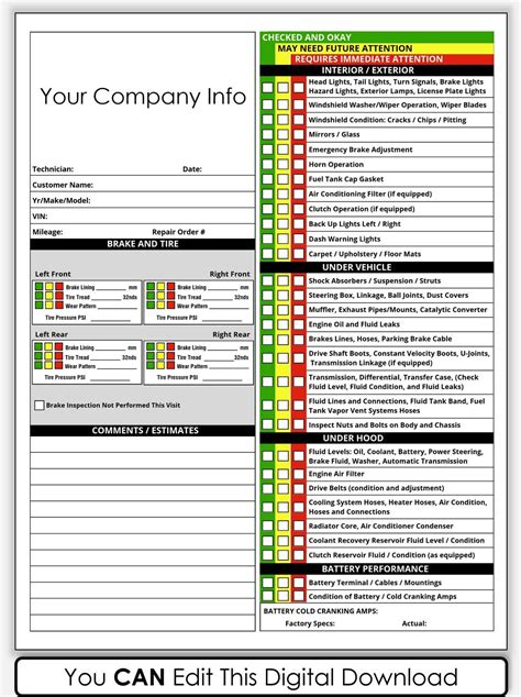 Vehicle Inspection Report Editable Printable Used Vehicle Inspection