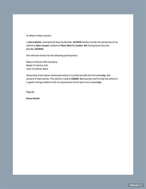 Vehicle Ownership Transfer Letter Template Google Docs Word Template Net