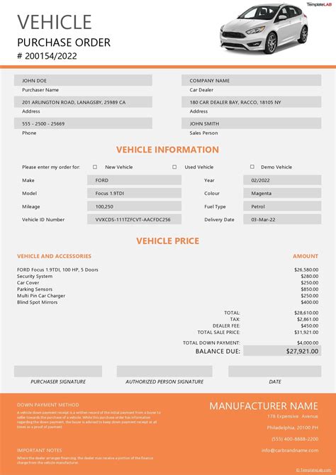 Vehicle Purchase Order Form For New And Used Cars