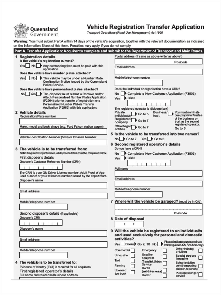 Vehicle Registration Transfer Application Form Transferform Net