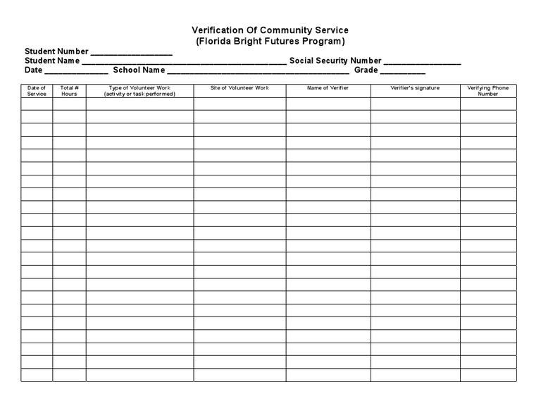 Verification Of Community Service Florida Bright Futures Program Printable Pdf Download