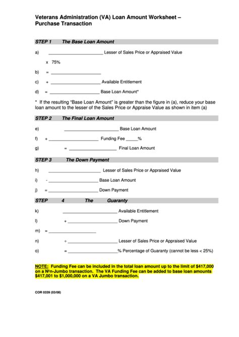 Veterans Administration Va Loan Amount Worksheet Printable Pdf Download