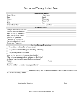 Veterinary Service Animal Form Printable Pdf Download