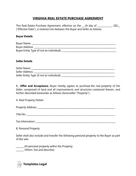 Virginia Purchase Agreement Templates Free Word Pdf Odt