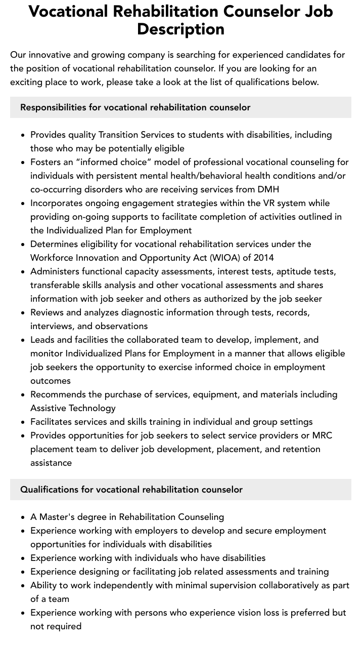 Vocational Rehabilitation Counselor Job Description Velvet Jobs