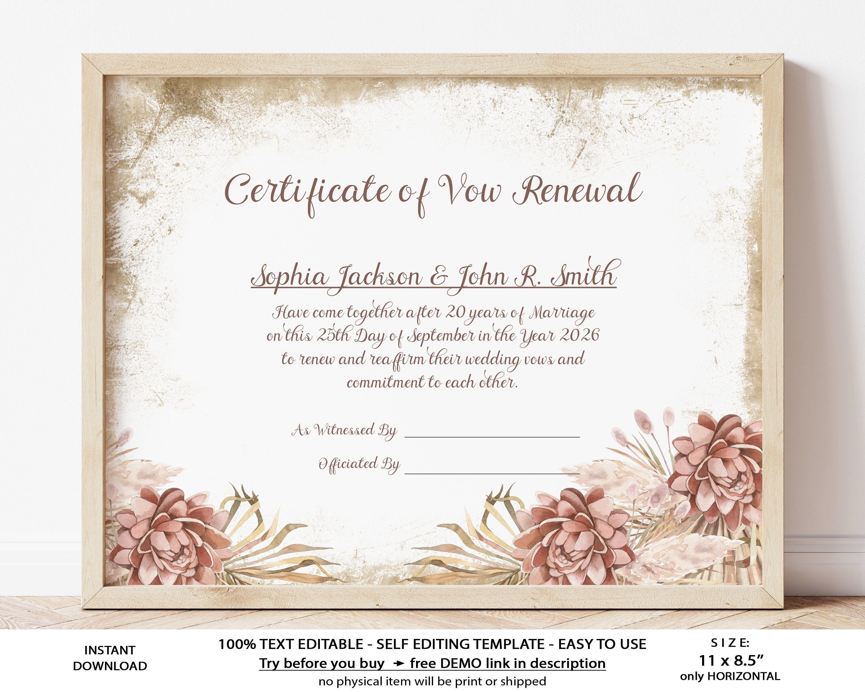 Vow Renewal Certificate Editable Printable Wedding Etsy Uk