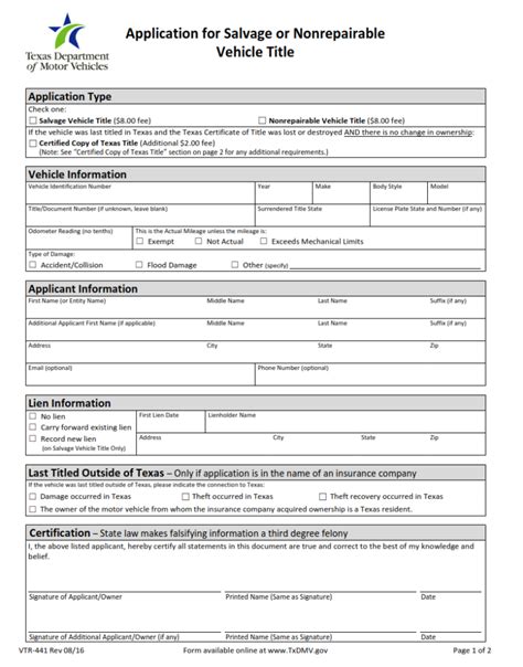 Vtr 441 Application For Salvage Or Nonrepairable Vehicle Title Origin Form Studio