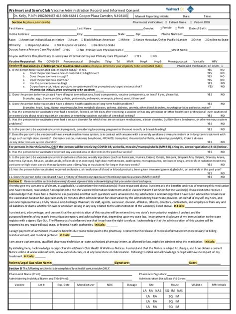 Walmart Covid 19 Vaccine Questionnaire And Consent Form Fill Out