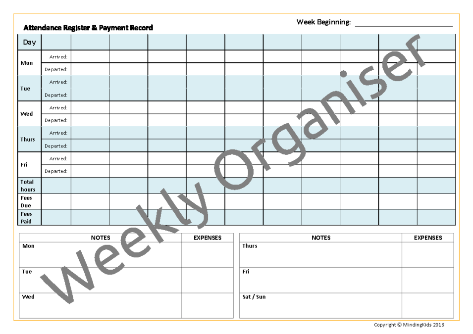 Weekly Organiser Sheets Mindingkids