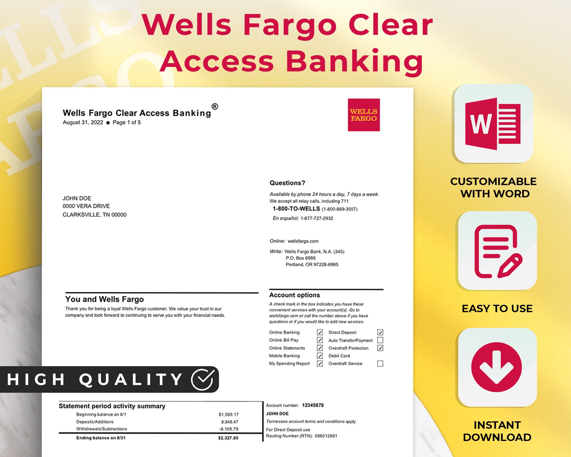 Wells Fargo Personal Bank Statementwells Fargo Editable Etsy