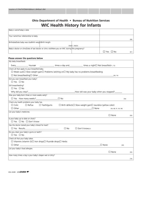 Wic Health History For Infants Form Ohio Department Of Health