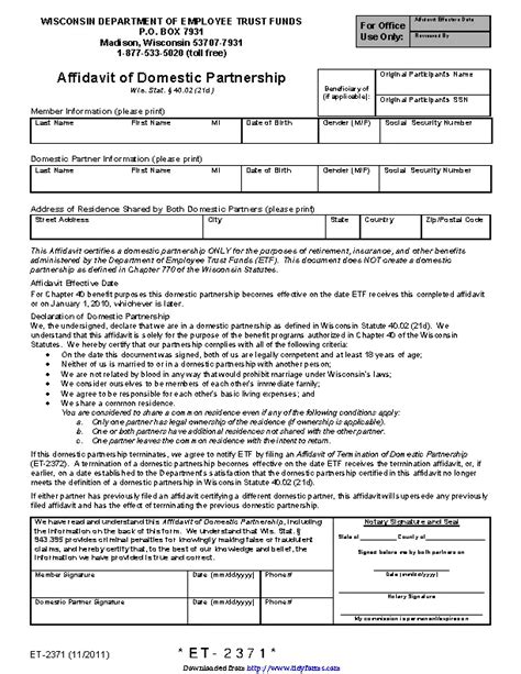 Wisconsin Affidavit Of Domestic Partnership Pdfsimpli