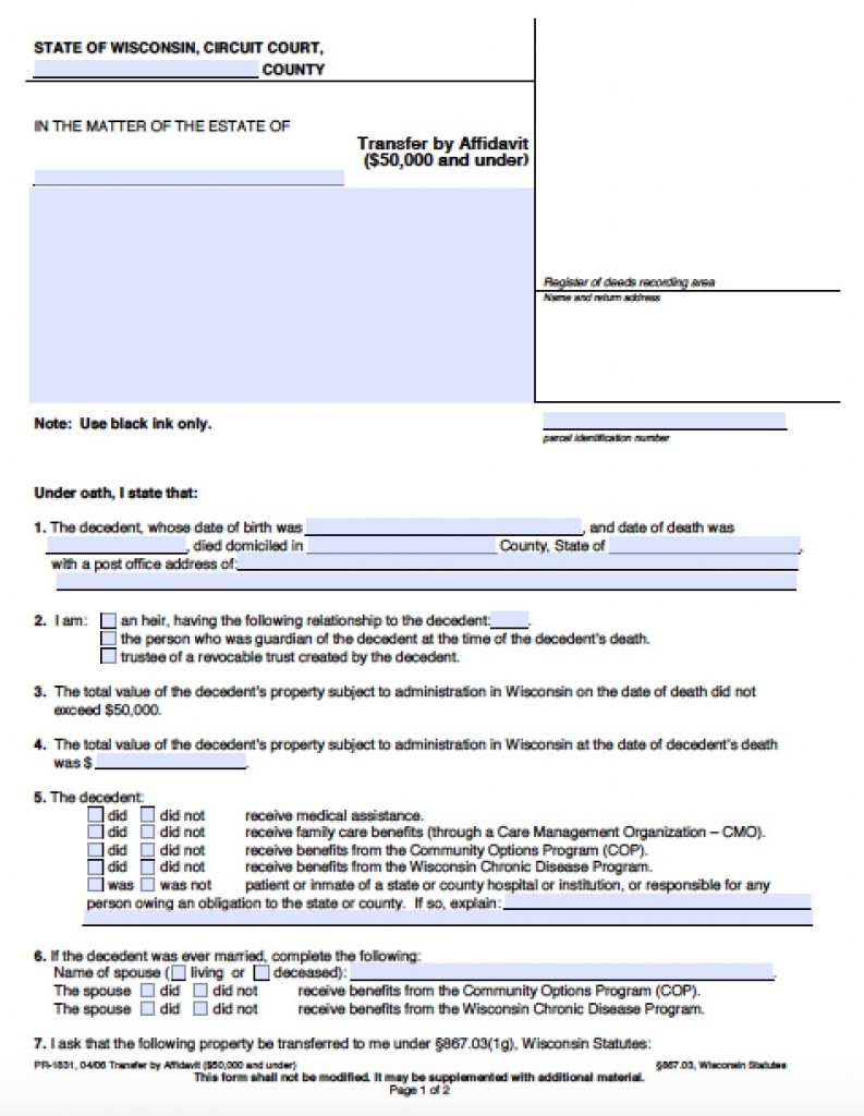 Wisconsin Small Estate Affidavit 1