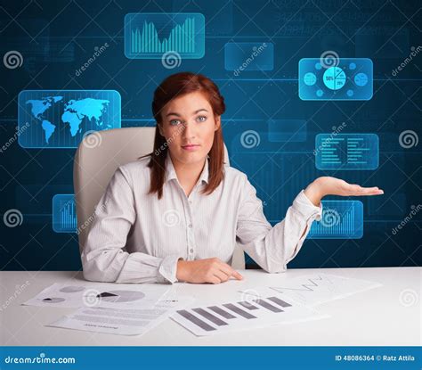 Woman Doing Paperwork With Futuristic Digital Backgroung Stock Photo