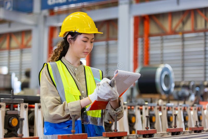 Women Engineer Take Notes On Paperwork Quality Control Standing At