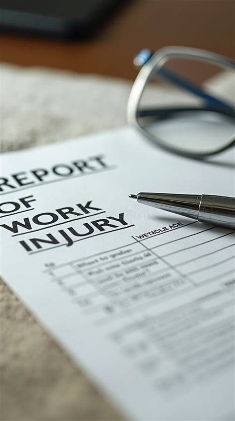 Work Injury Report Form With Pen And Glasses On A Desk Stock