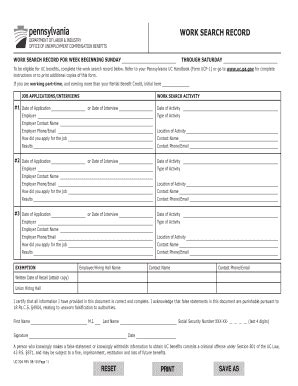 Work Search Record Unemployment Compensation Pa Gov Fill And Sign